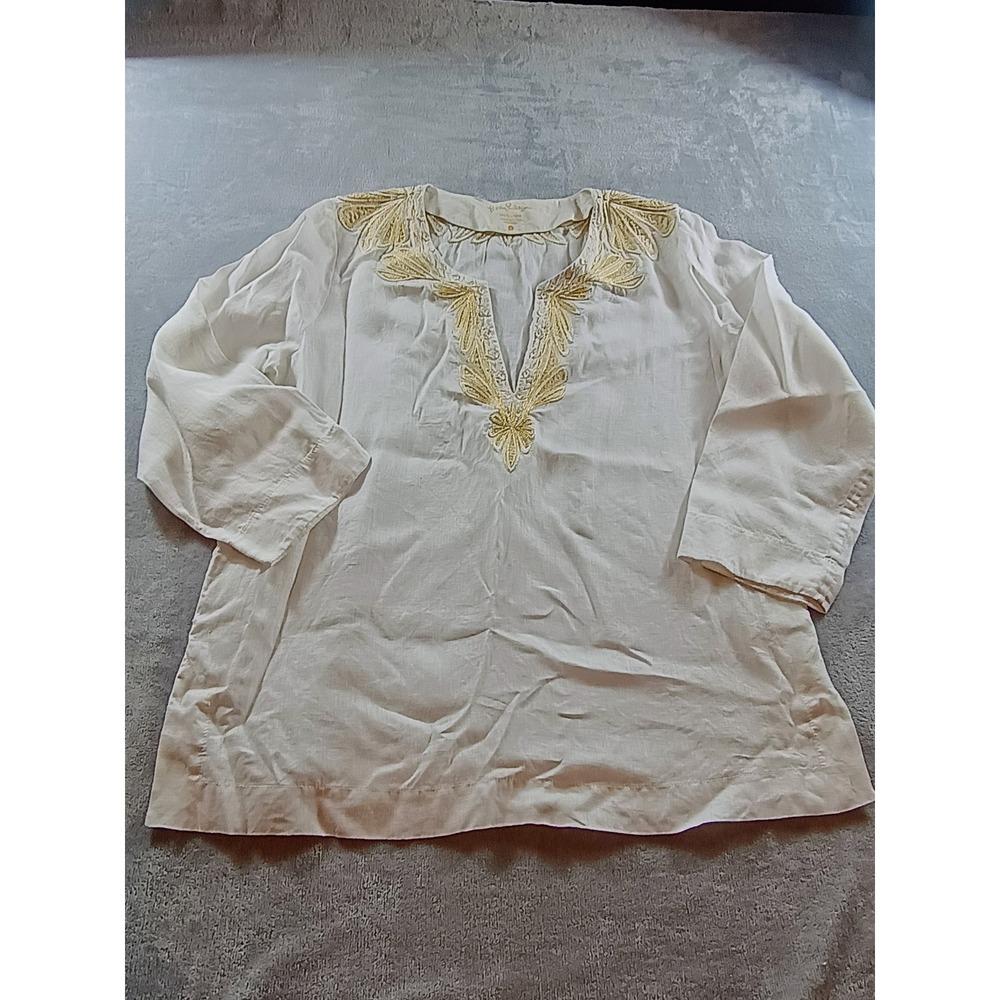 Lilly Pulitzer Womens Linen‎ Tunic White Gold XL Embroidered V-Neck Blouse